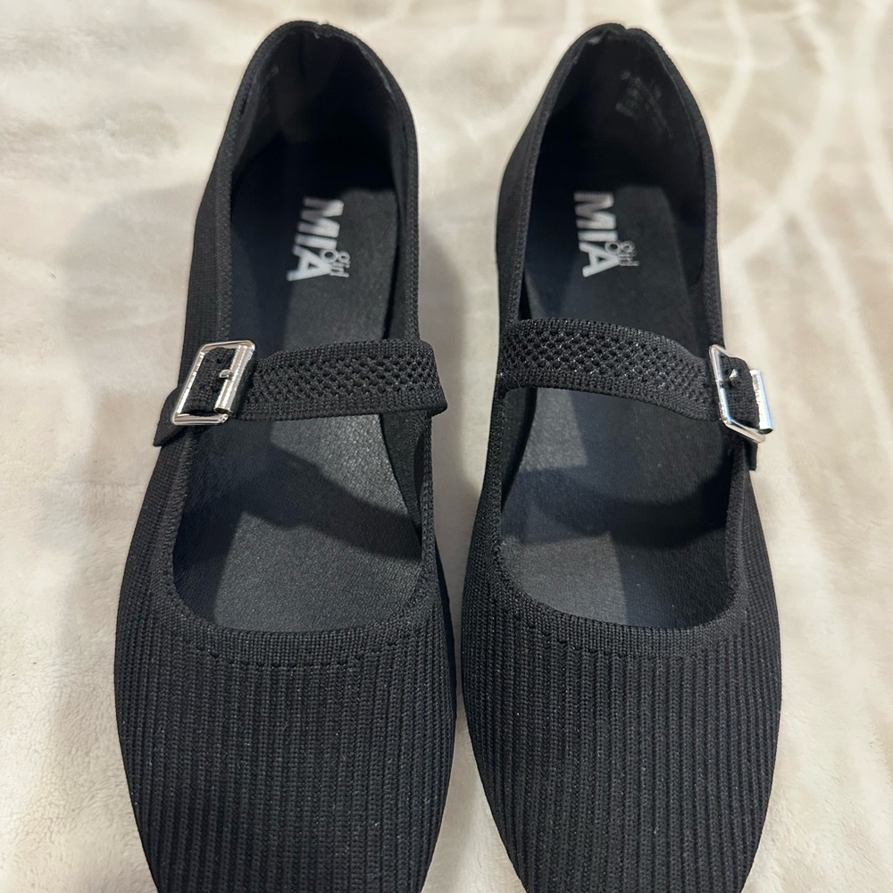 MIA Black Knit Mary Jane Flats with Silver Buckles